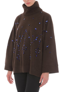 Beaded turtleneck jumper in wool - Brown