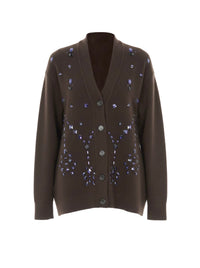 Cardigan boutonné orné de perles en laine et soie - Brown