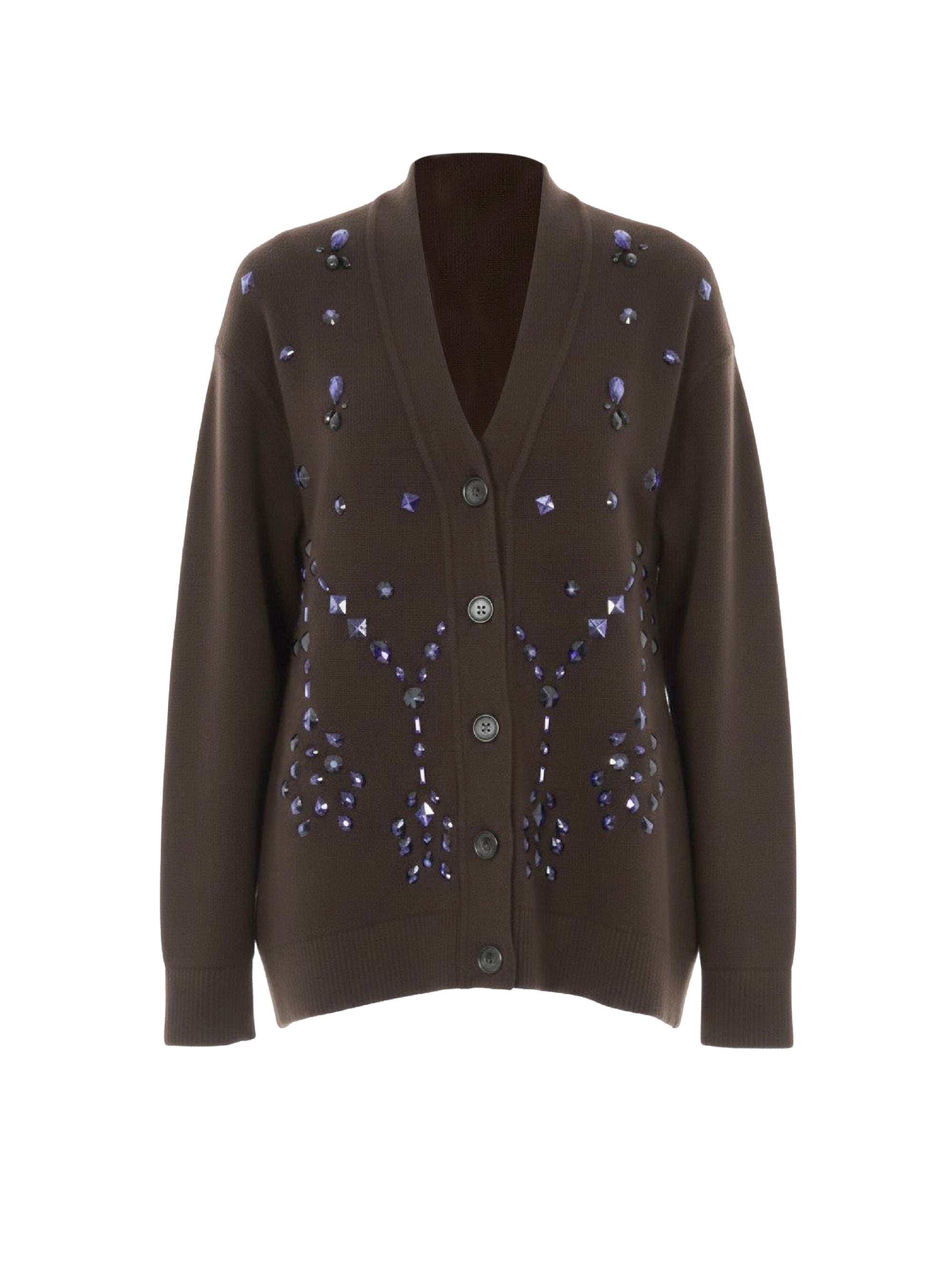Cardigan boutonné orné de perles en laine et soie - Brown