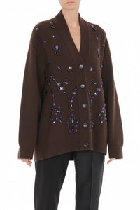 Cardigan boutonné orné de perles en laine et soie - Brown