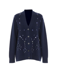 Cardigan boutonné orné de perles en laine et soie - Blue