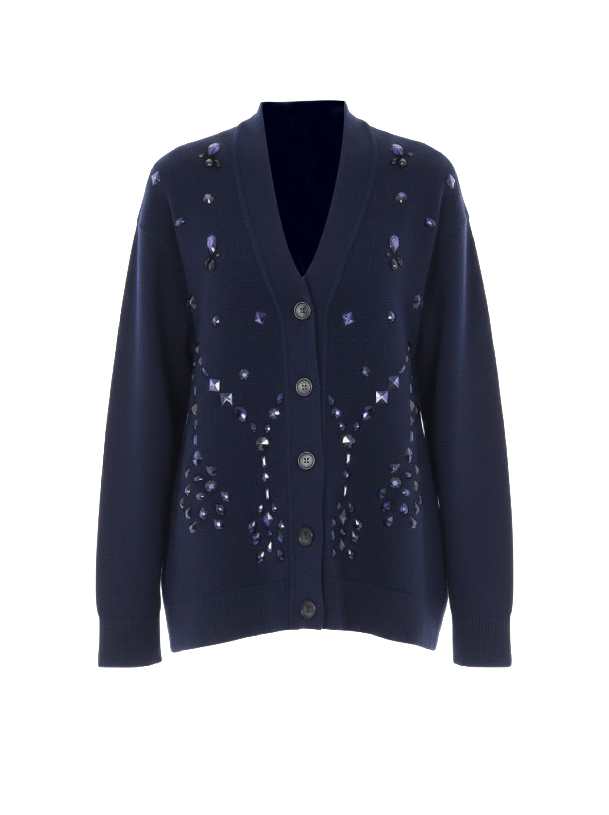 Cardigan boutonné orné de perles en laine et soie - Blue