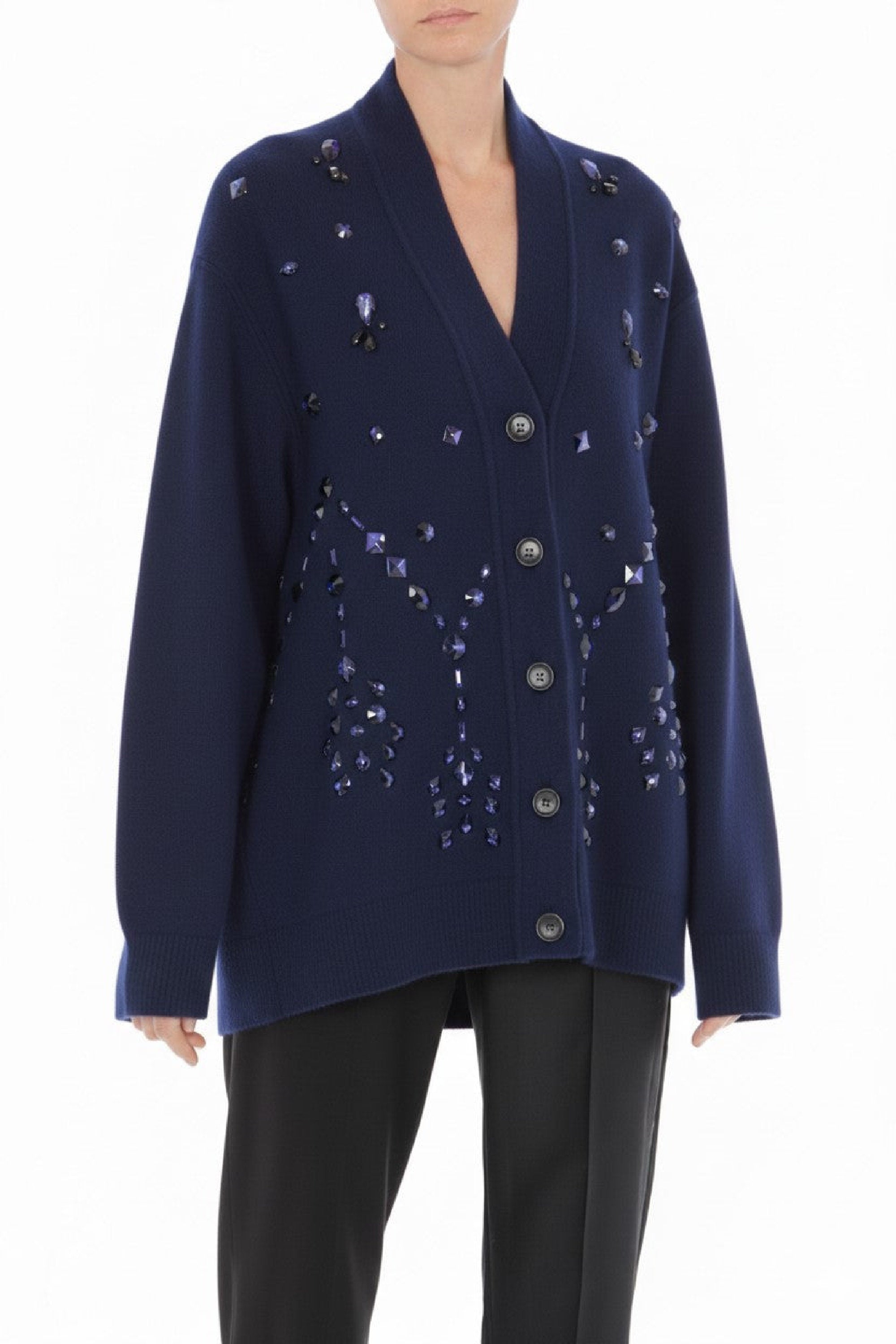 Cardigan boutonné orné de perles en laine et soie - Blue