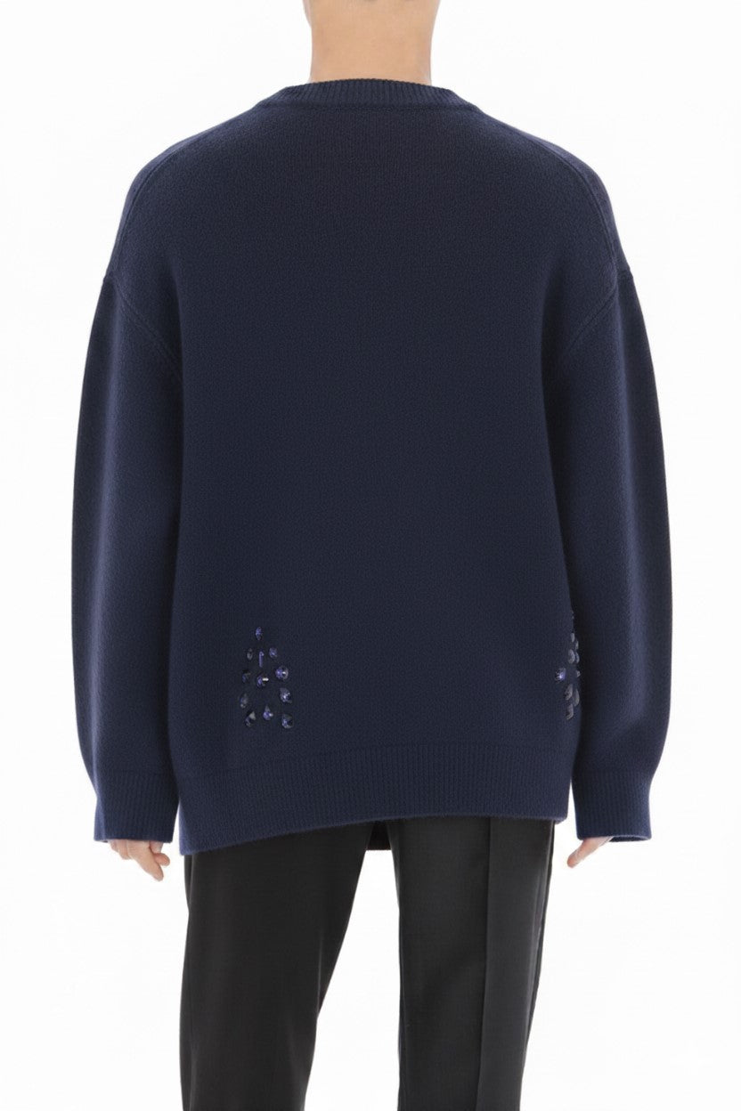 Cardigan boutonné orné de perles en laine et soie - Blue