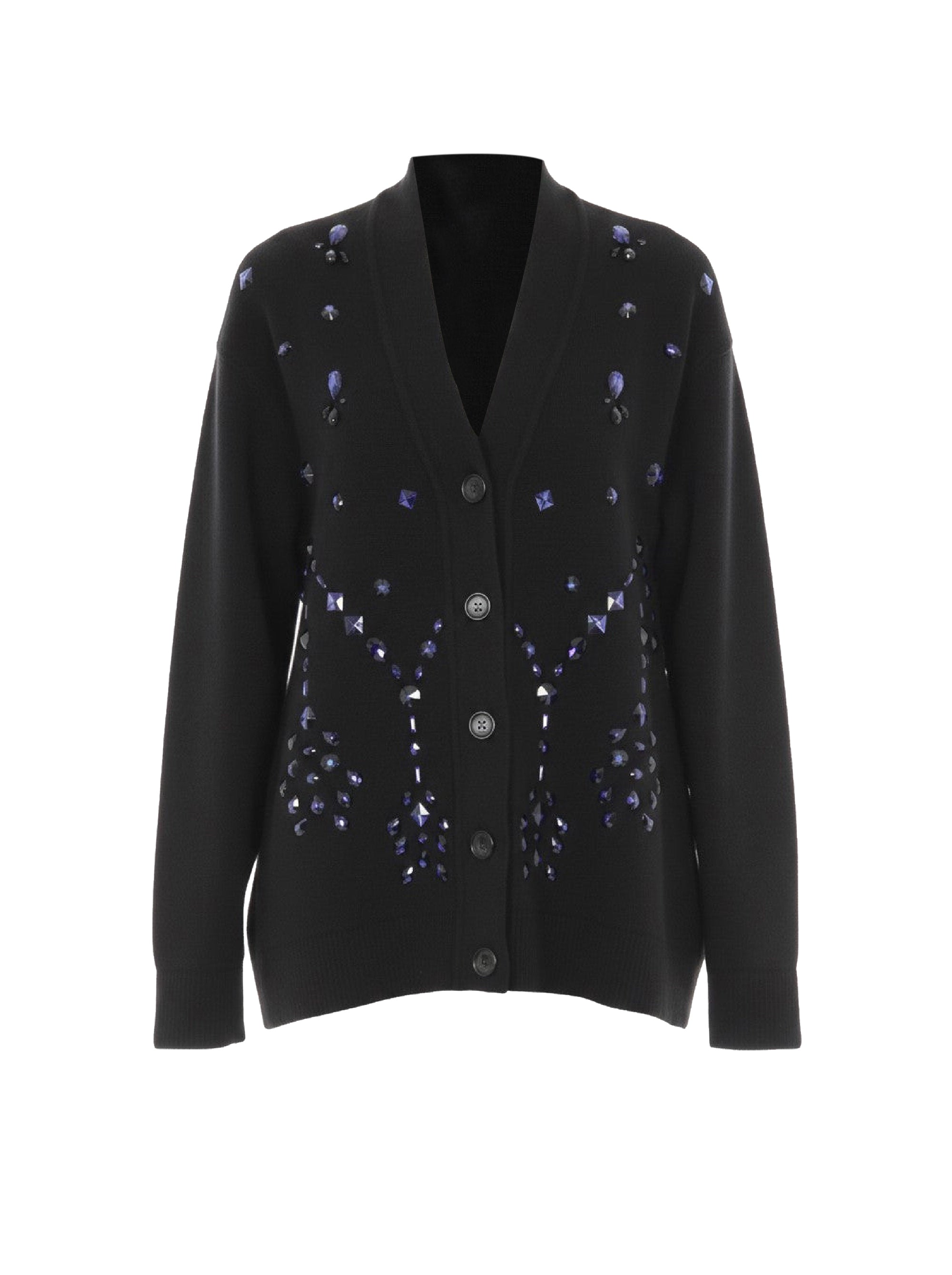Cardigan boutonné orné de perles en laine et soie - Black