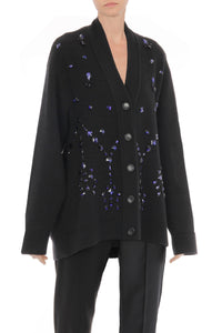 Cardigan boutonné orné de perles en laine et soie - Black