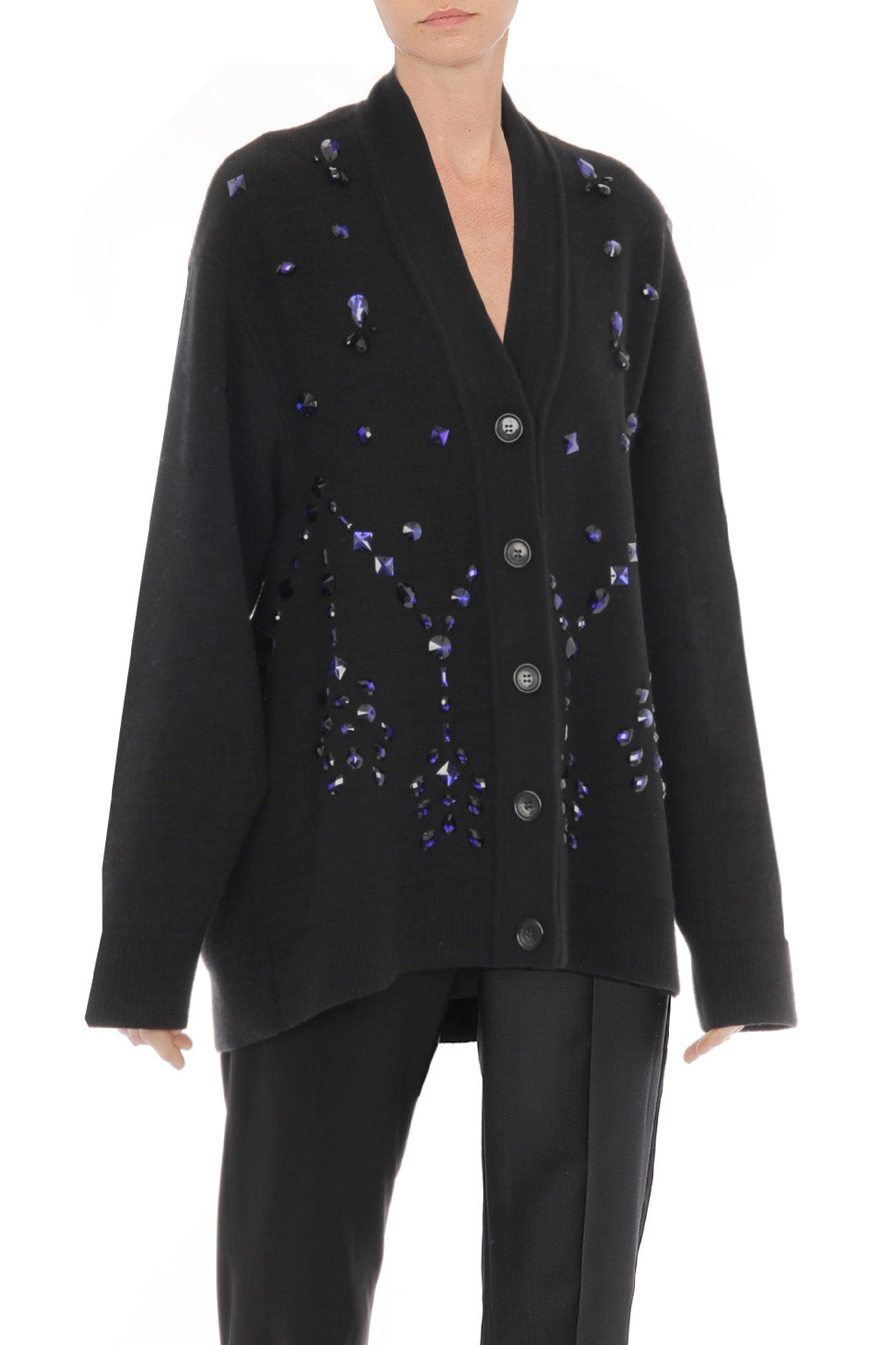 Cardigan boutonné orné de perles en laine et soie - Black