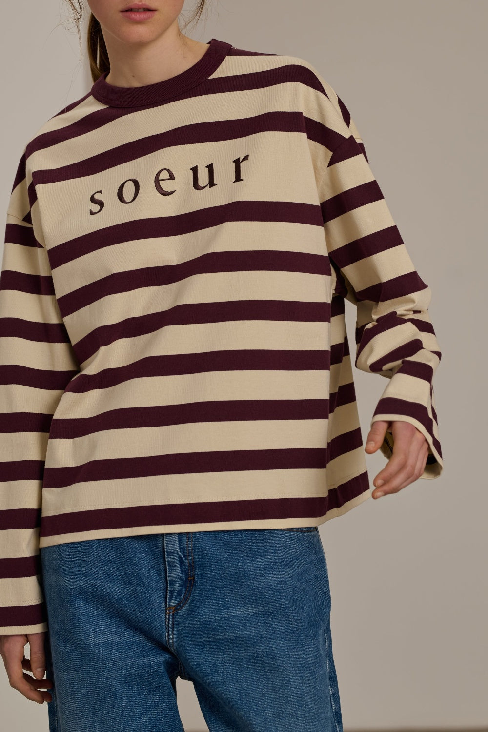 T-shirt Archie à manches longues en coton - Écru & Prune