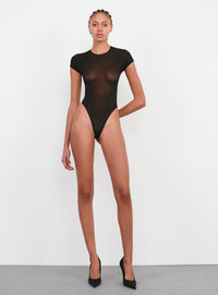 Sheer Cap Sleeve Bodysuit - Black