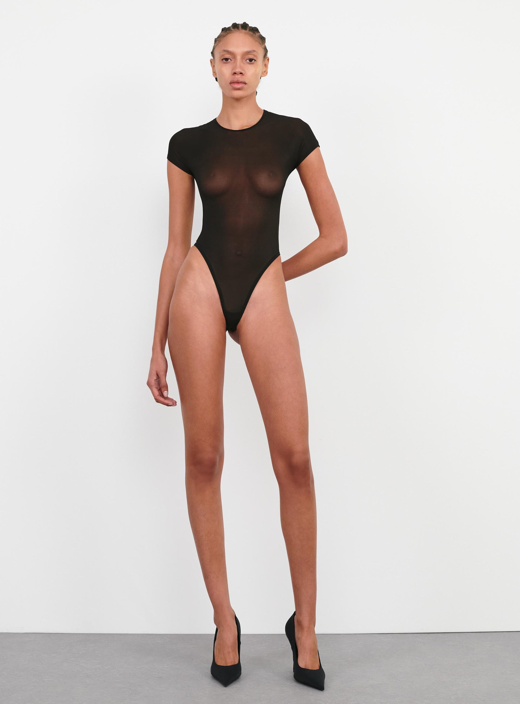 Sheer Cap Sleeve Bodysuit - Black