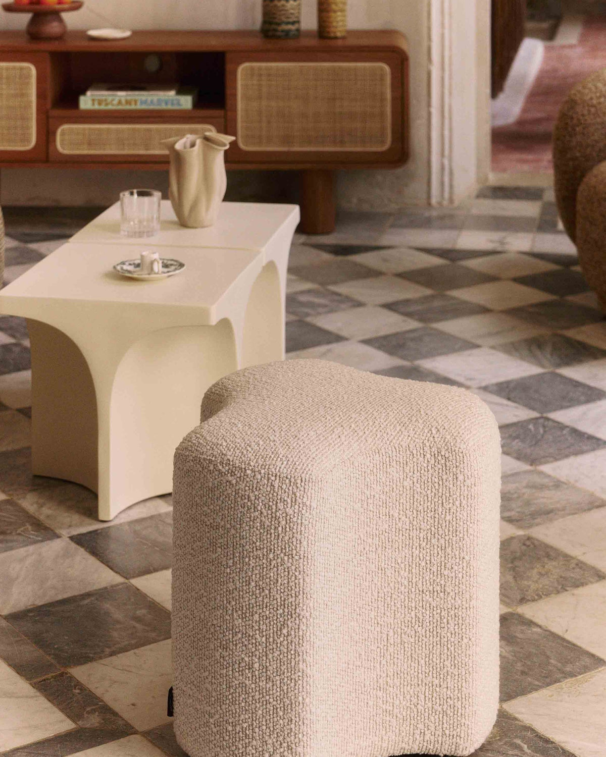 Pouf Takoo - Tweed Blanc Bouclé