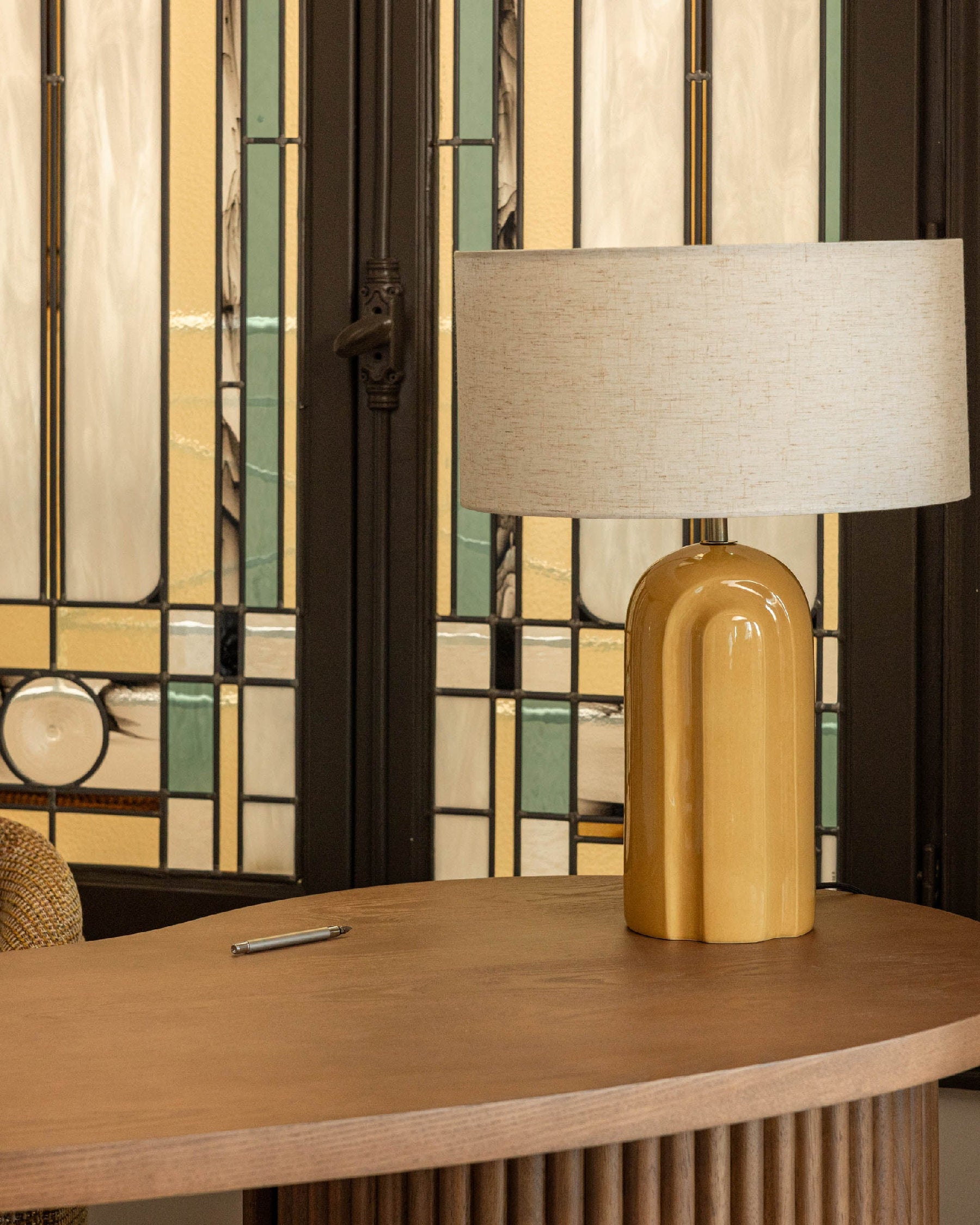 Lampe de table Leyanis en céramique - Jaune moutarde