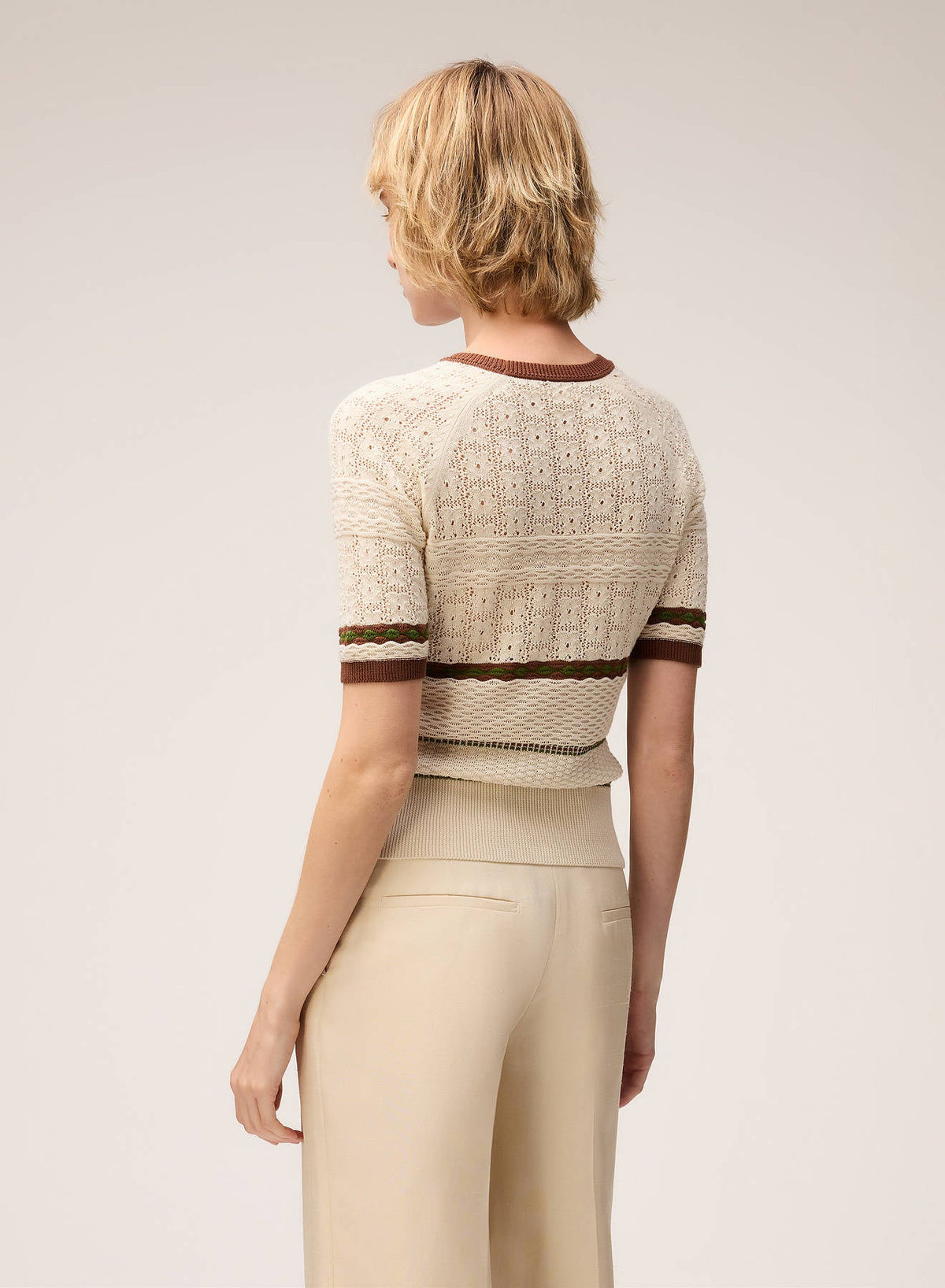 BUTTER, TOBACCO, GREEN MIX STITCH KNIT T-SHIRT