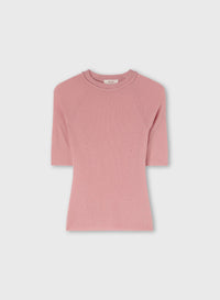 PINK ROSE LIGHT CASHMERE RIBBED KNIT T-SHIRT WITH CROCHET DETAIL