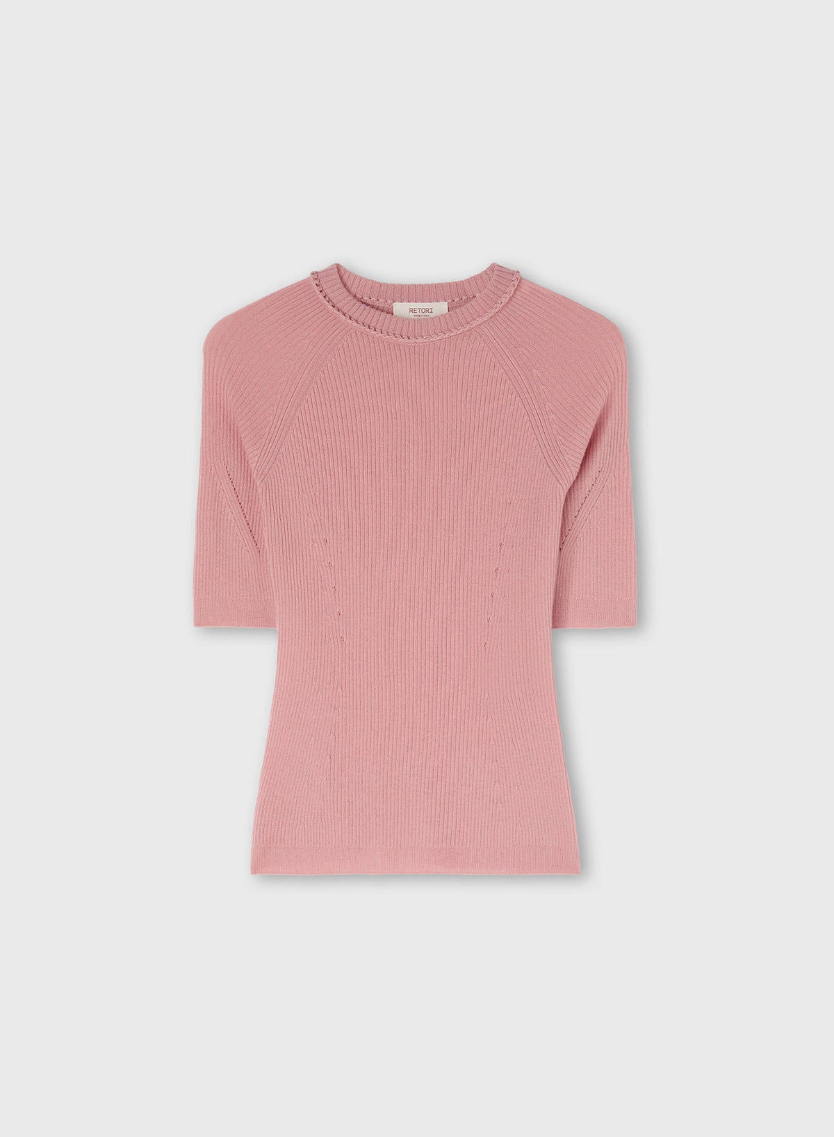 PINK ROSE LIGHT CASHMERE RIBBED KNIT T-SHIRT WITH CROCHET DETAIL