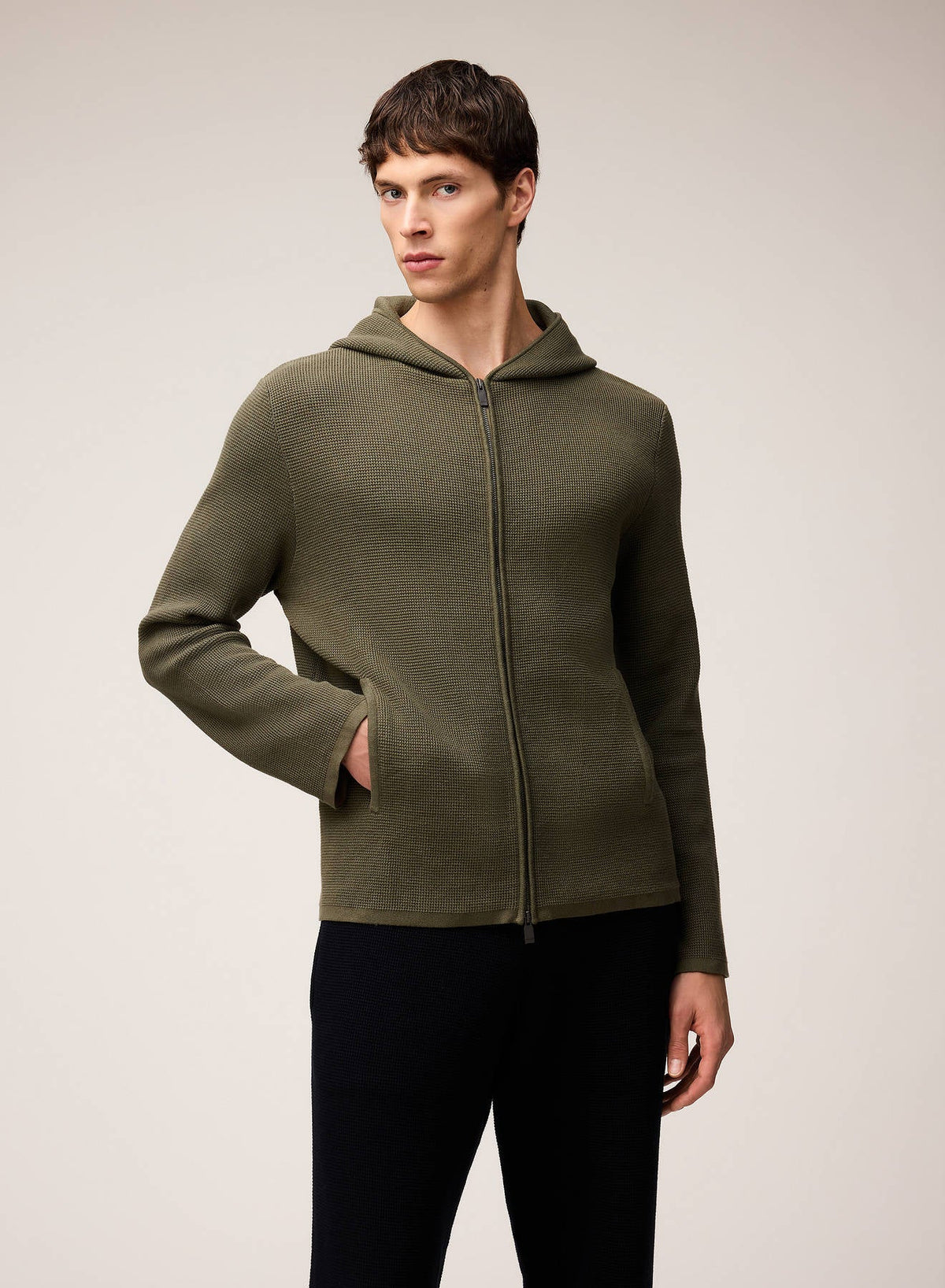 OLIVE GREEN KNIT ZIP UP HOODIE