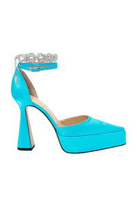 Bow Chain 140 platform pumps in silk & strass - Ocean Blue