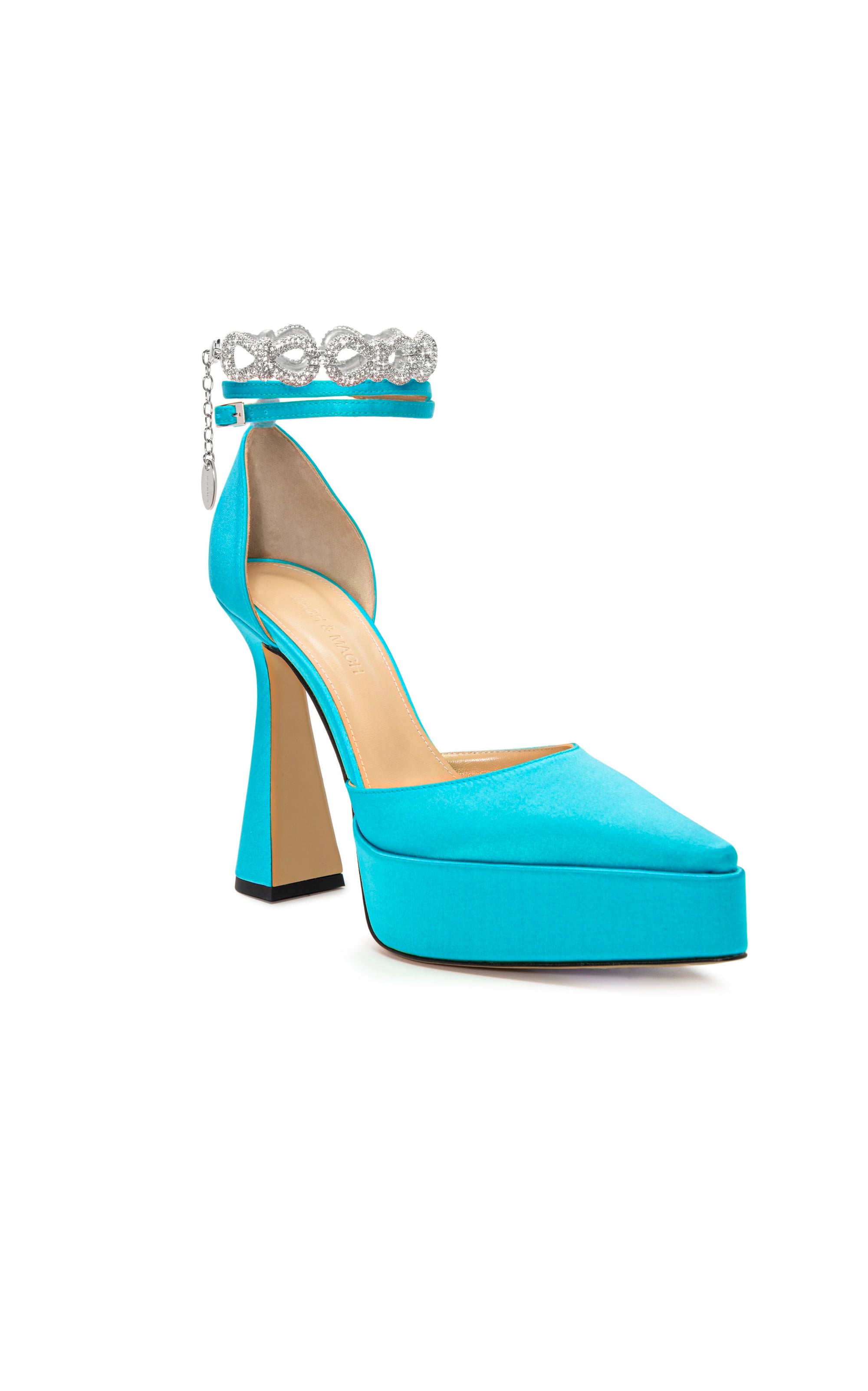Bow Chain 140 platform pumps in silk & strass - Ocean Blue