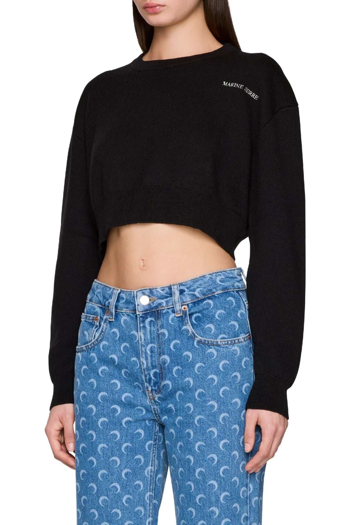 Merino Wool Knit Ls Cropped Top - Noir