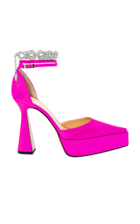 Bow Chain 140 platform pumps in silk & strass - Fuchsia