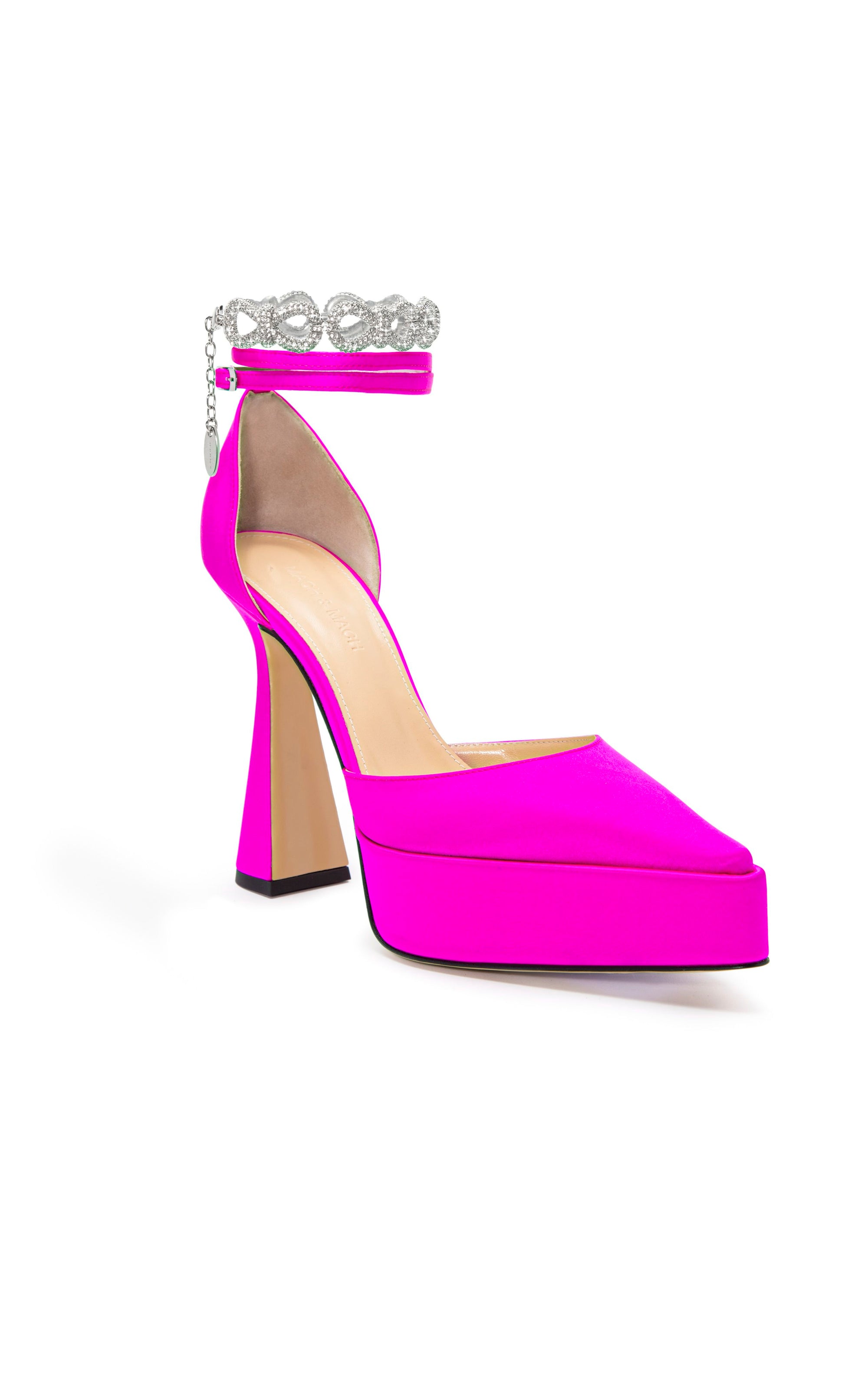 Bow Chain 140 platform pumps in silk & strass - Fuchsia