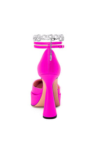 Bow Chain 140 platform pumps in silk & strass - Fuchsia
