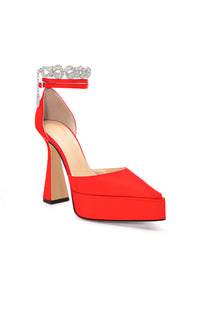 Bow Chain 140 platform pumps in silk & strass - Red