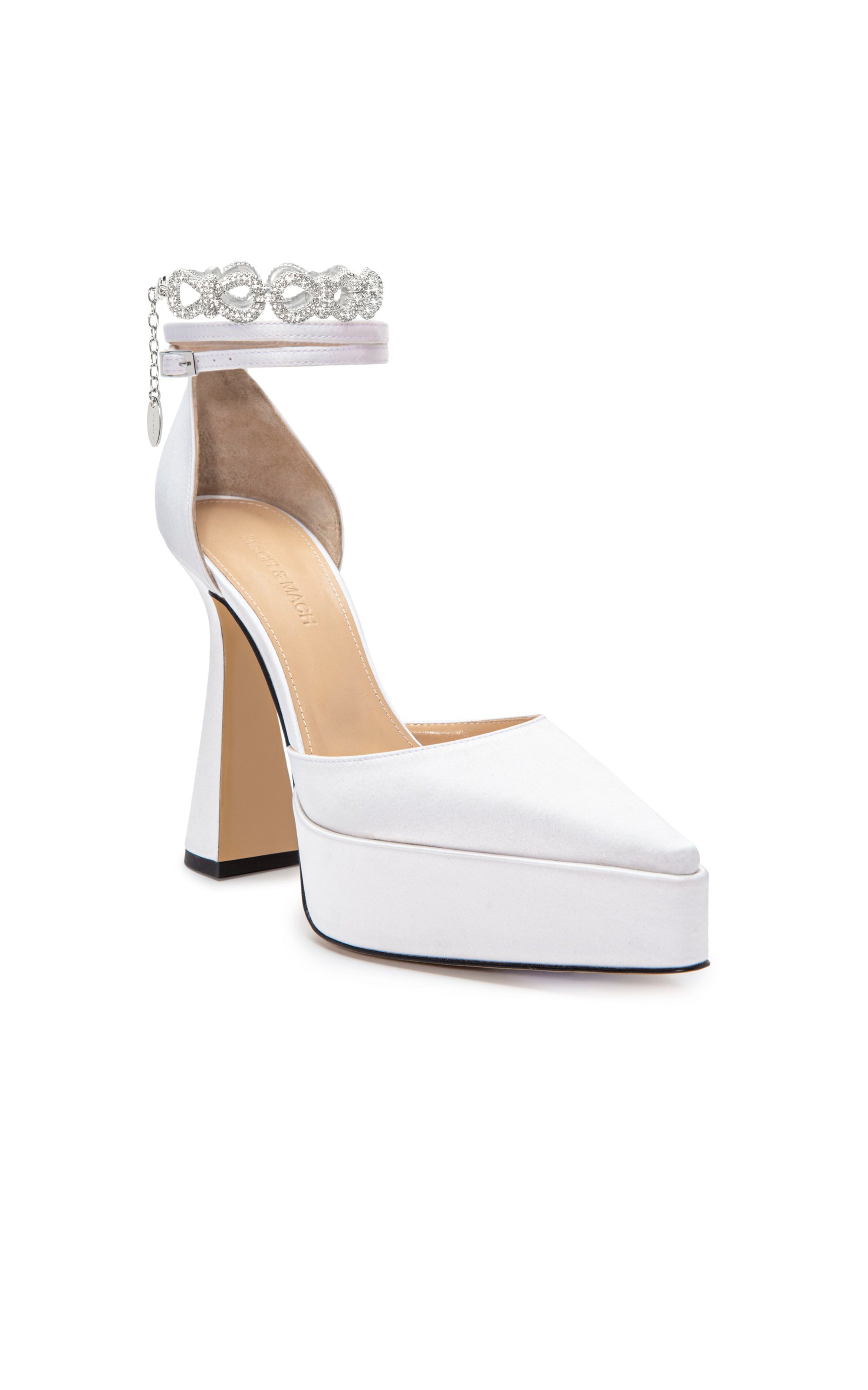 Bow Chain 140 platform pumps in silk & strass - White