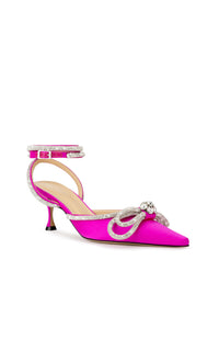 Double Bow 65 strappy pumps in silk & strass - Fuchsia