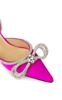 Double Bow 65 strappy pumps in silk & strass - Fuchsia