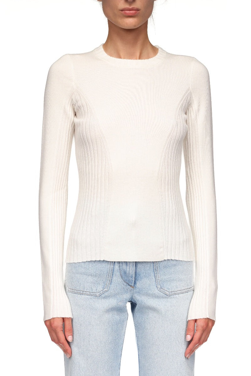 Panelled Rib Crew Neck Top - Ivory