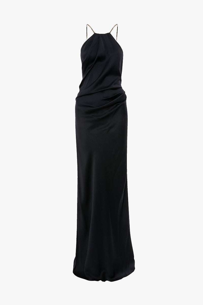 Chain Detail Halter Gown - Navy