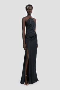 Chain Detail Halter Gown - Navy