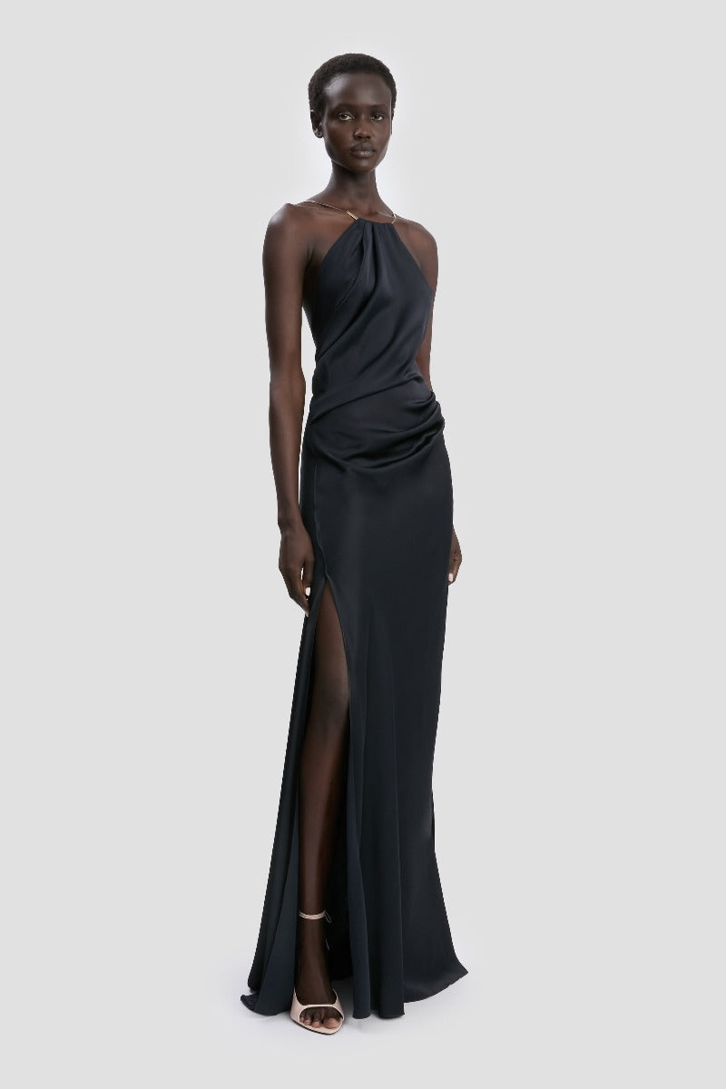 Chain Detail Halter Gown - Navy