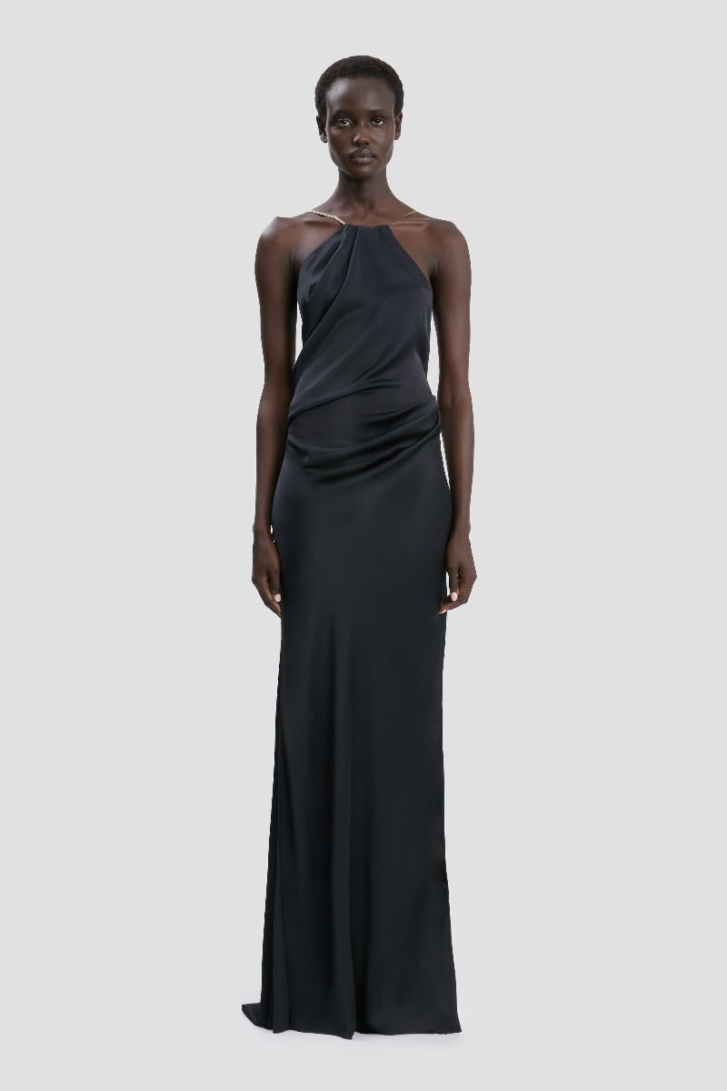 Chain Detail Halter Gown - Navy