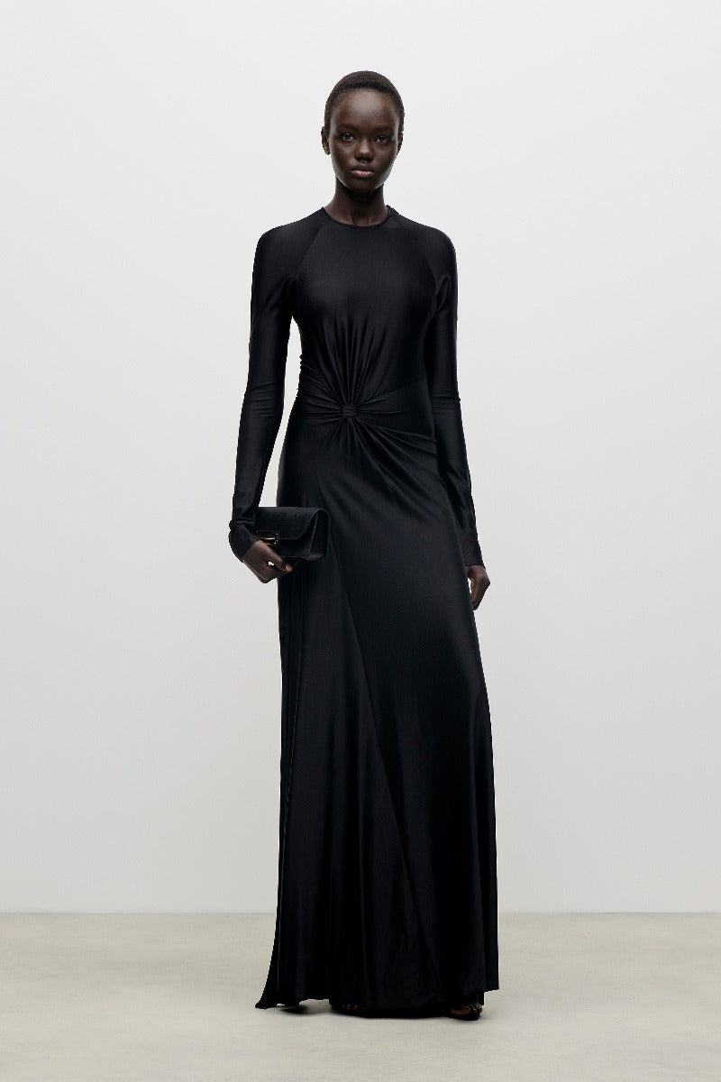 Long Sleeve Twist Detail Gown - Black