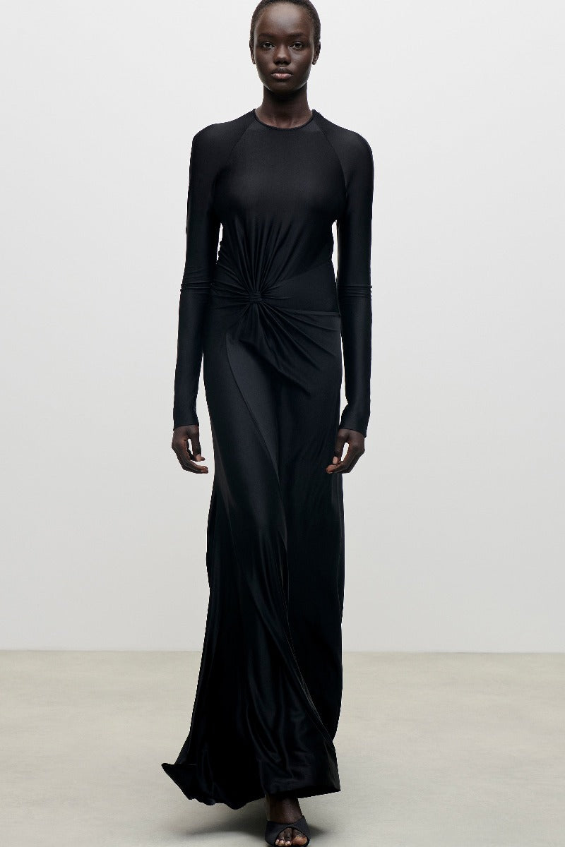 Long Sleeve Twist Detail Gown - Black