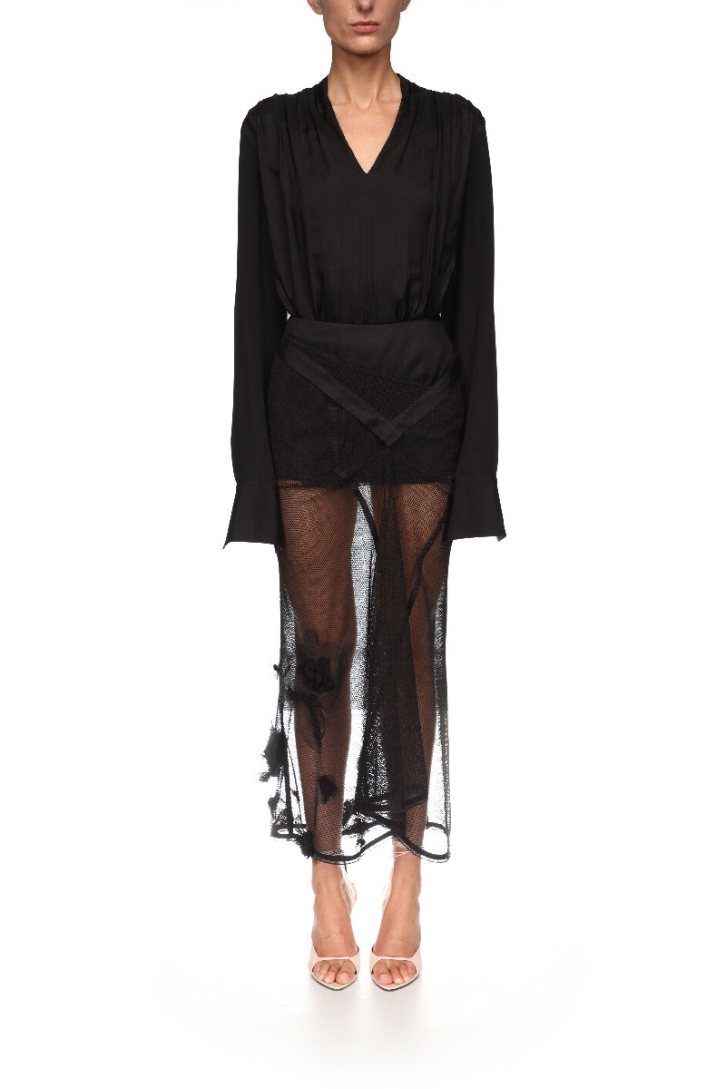 Basque Detail Midi Skirt - Black