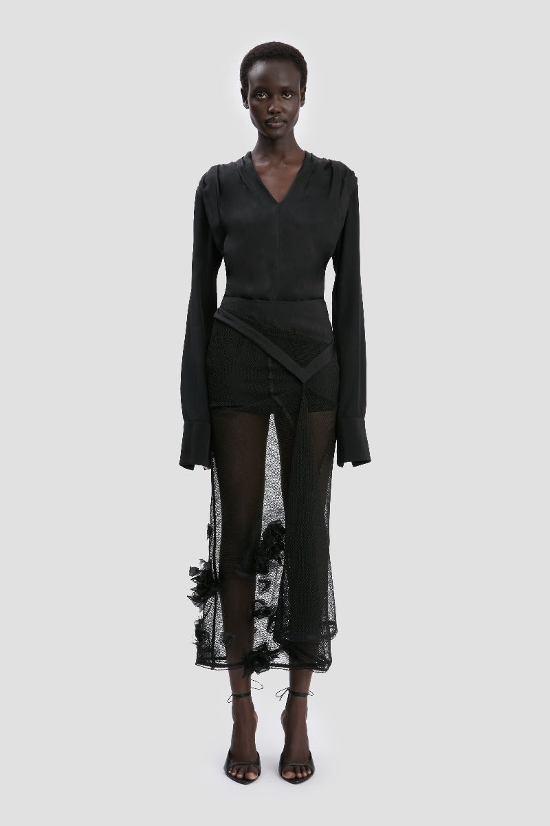 Basque Detail Midi Skirt - Black