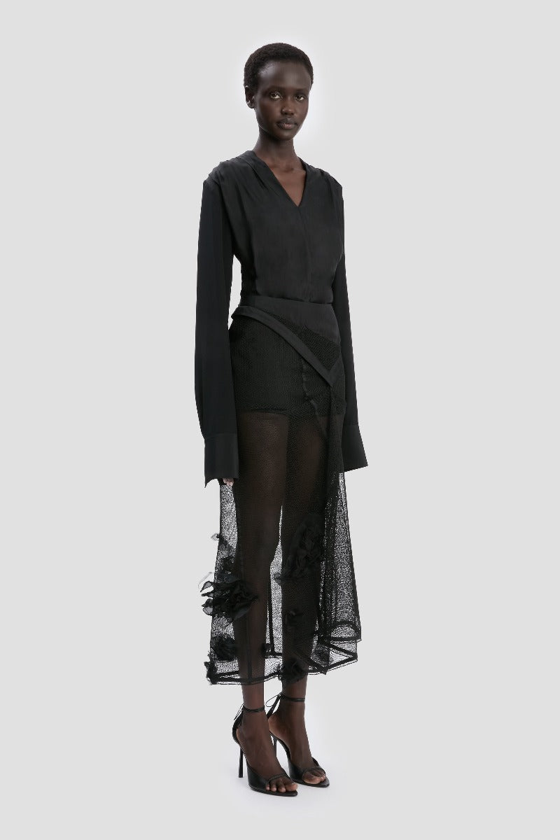 Basque Detail Midi Skirt - Black