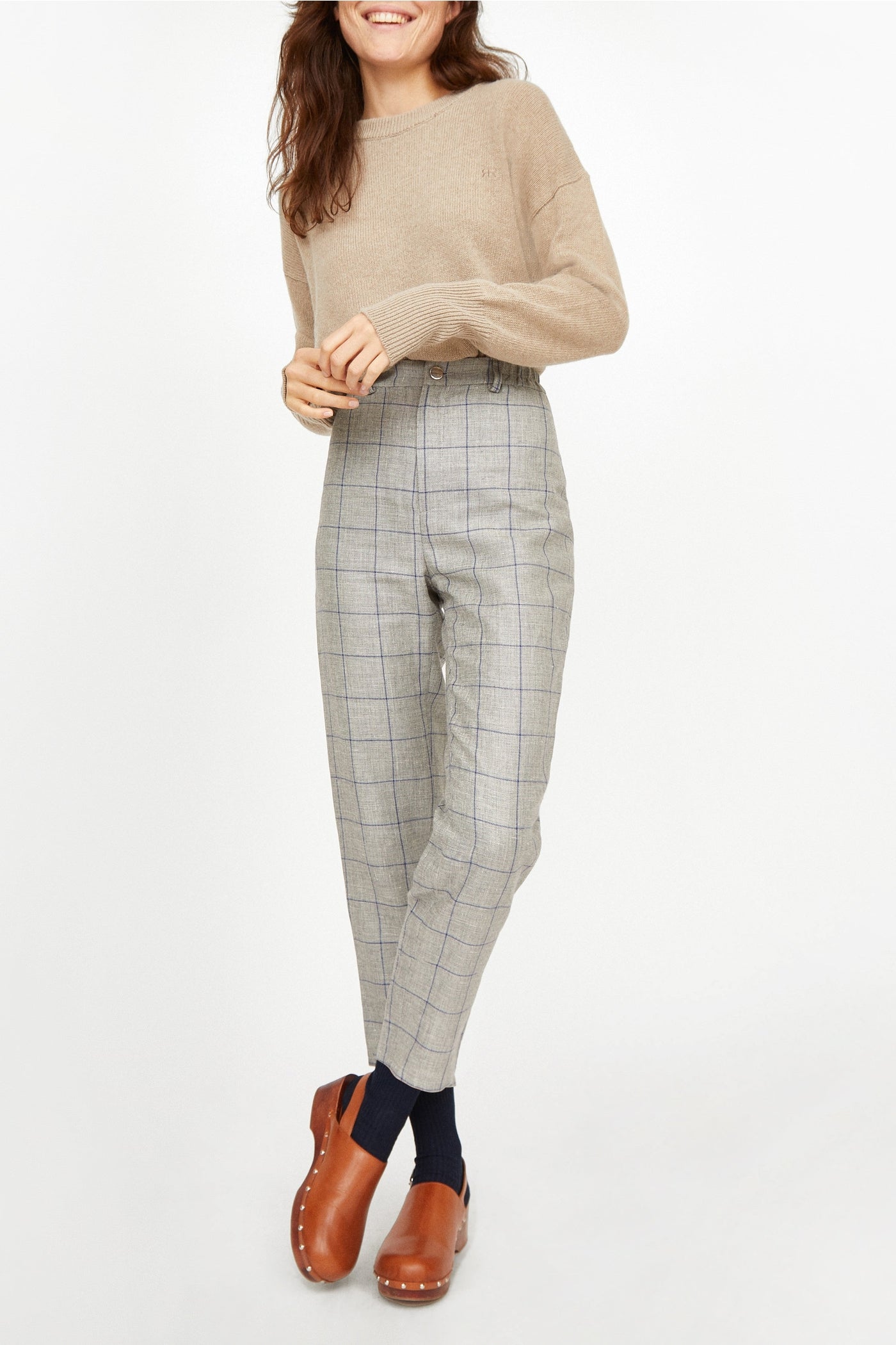 Pantalon Bloom à carreaux en laine et lin - Nuage