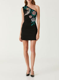 Embroidered asymmetric short dress - Black & Multicolor