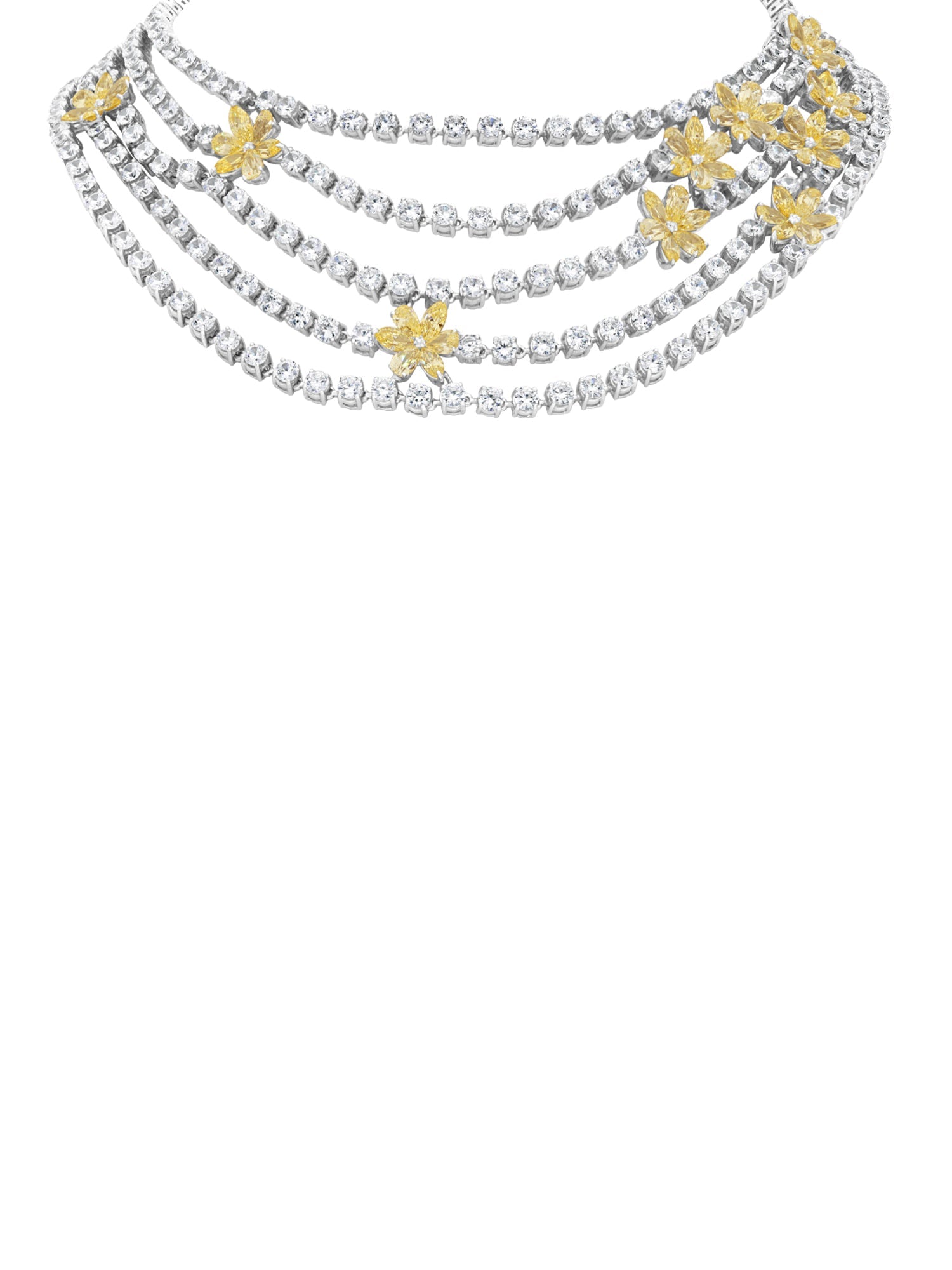 1qty DJV / QTY DISPO : 1-QTY VENDUES : 0-ST : 0% PRIX DJV : 6890€ // Argent Collier 5 rangs Burmalite fleur jonquille marquise et Burmalite blanche taille poire et taille brillant /// RECO : 5700€