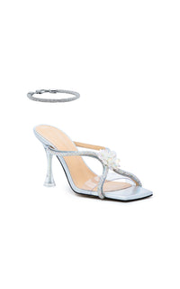 Flower 95 heeled mules in metallic leather & rhinestone - Iridescent