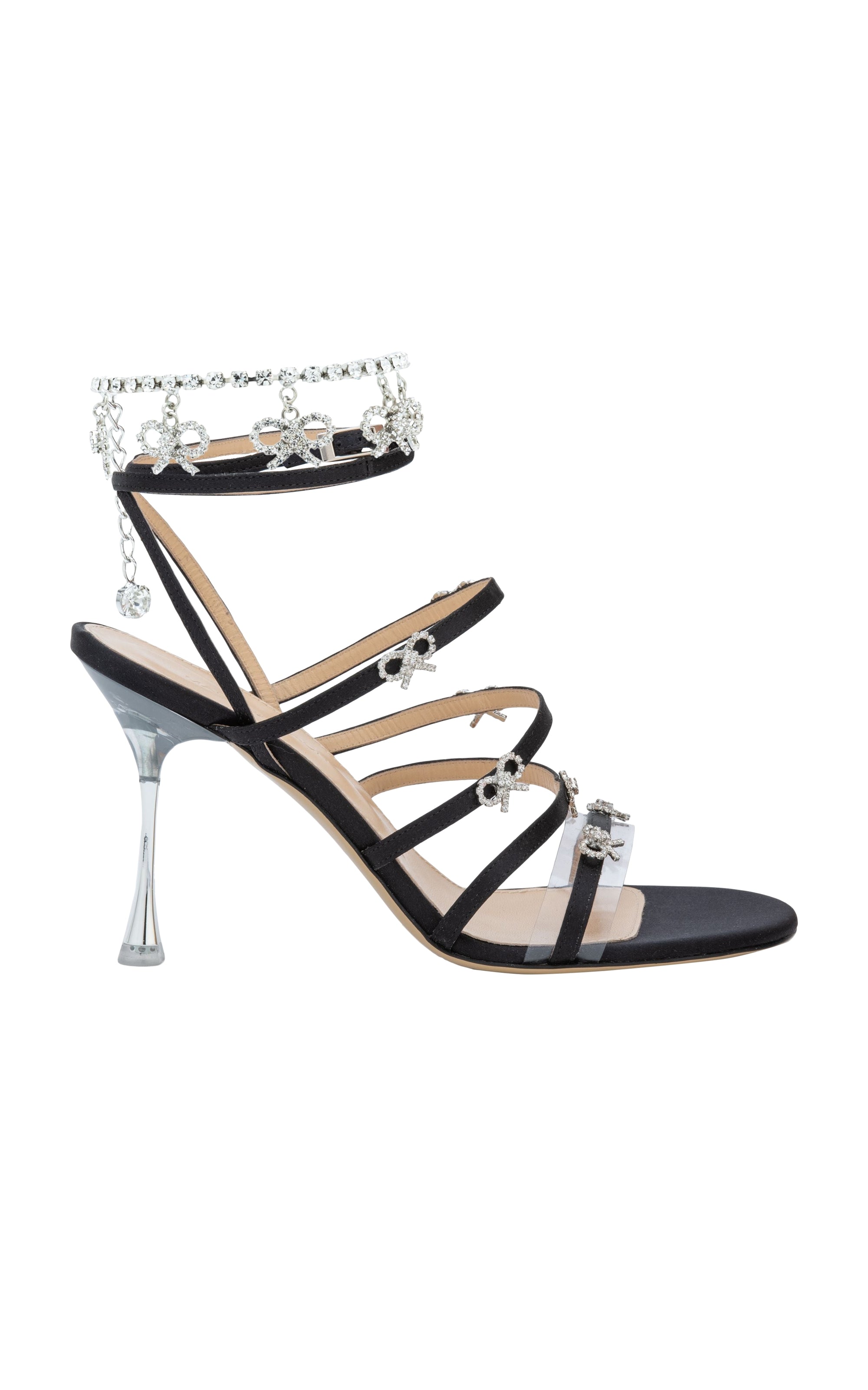 Bow 95 heeled sandals in silk & rhinestone - Black