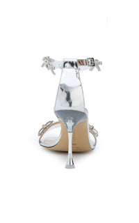 Bow 95 heeled sandals in mirrored leather with rhinestone embellishments - Silver