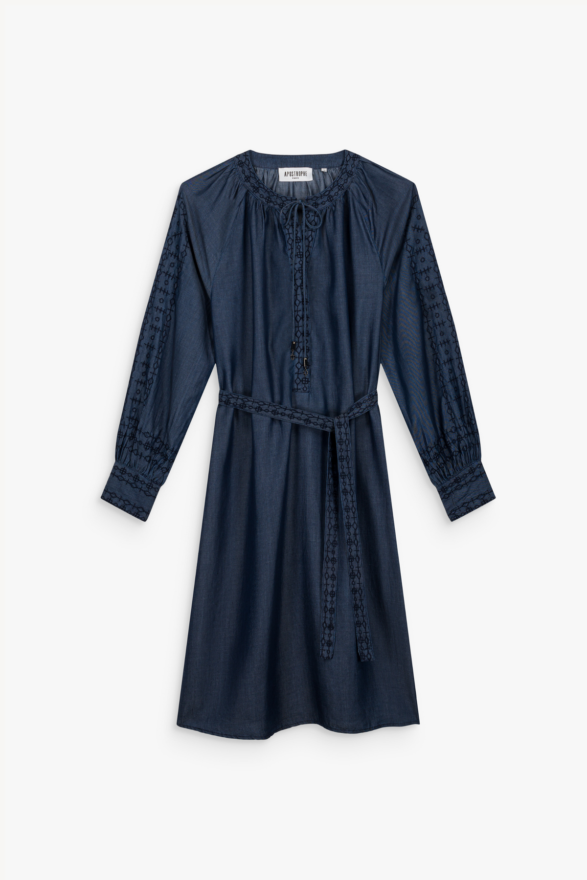 Robe courte trapeze manch long - Bleu Denim