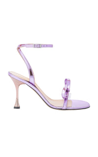 Bow 95 heeled sandals in metallic leather - Iridescent Pink
