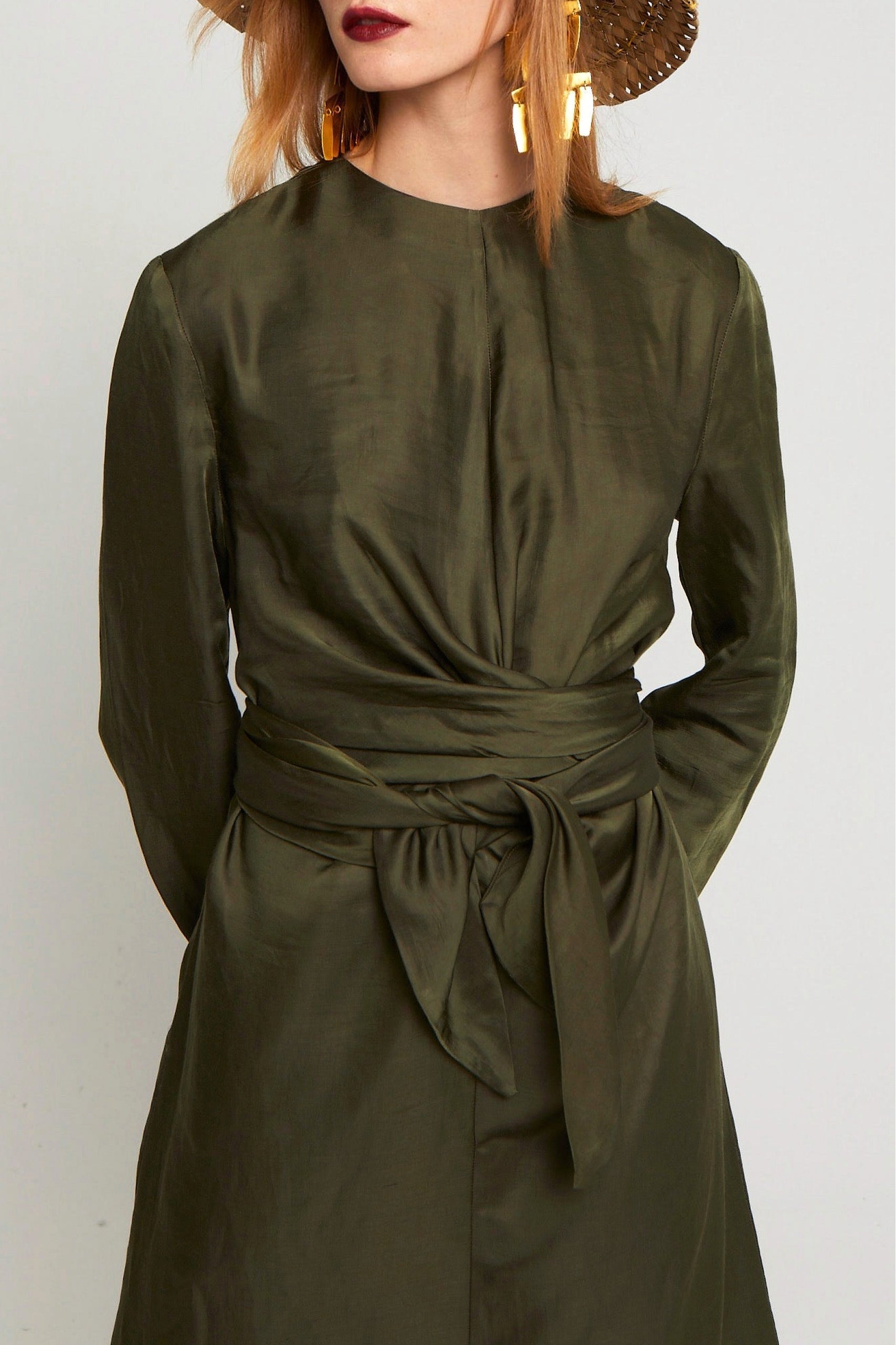 Robe Alexandrie à manches longues en lin mélangé - Kaki