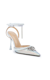 Elizabeth 100 metallic strappy pumps with pearls - Iridescent White